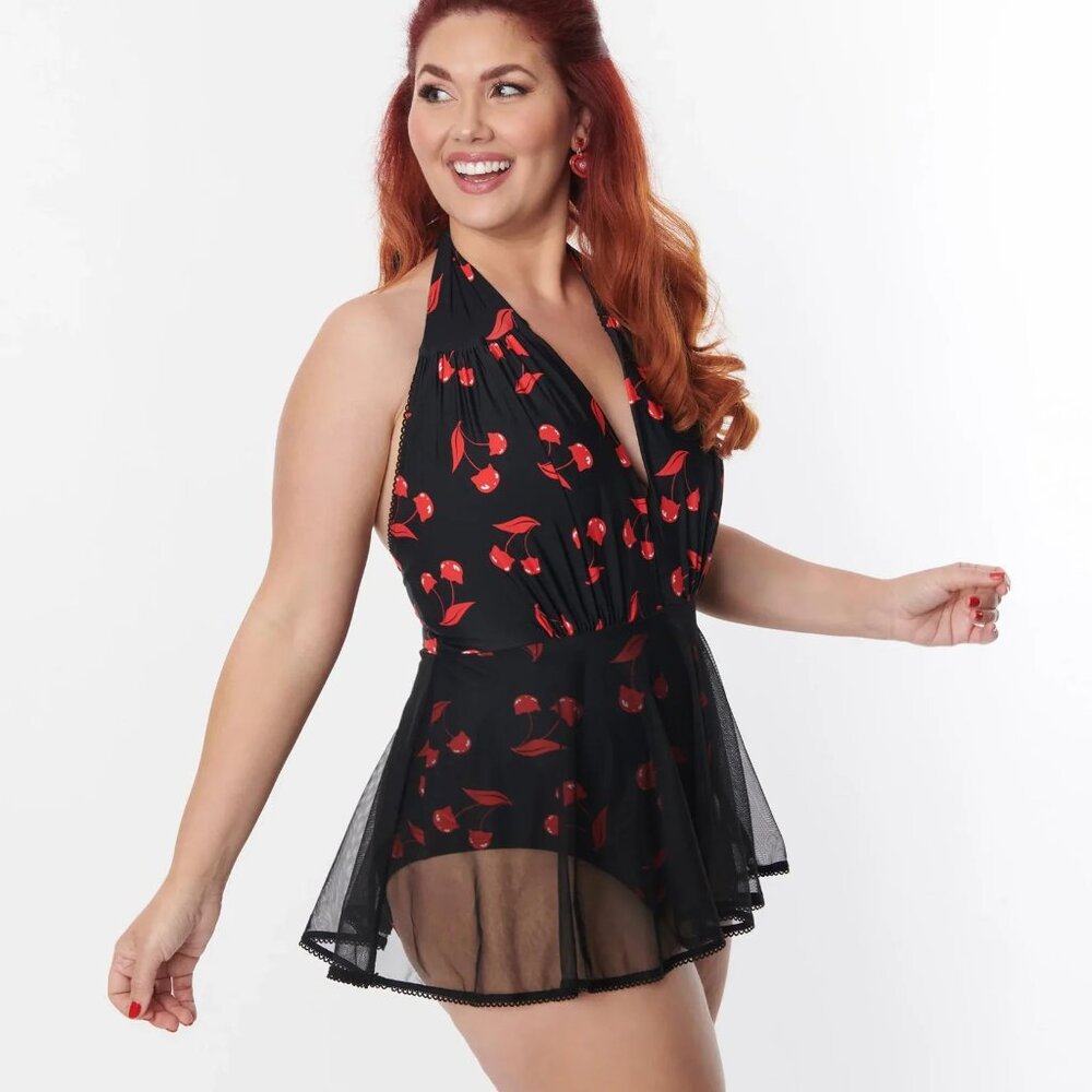 Emily The Strange x Unique Vintage Cherry Cats Skirted Wendy Swimsuit